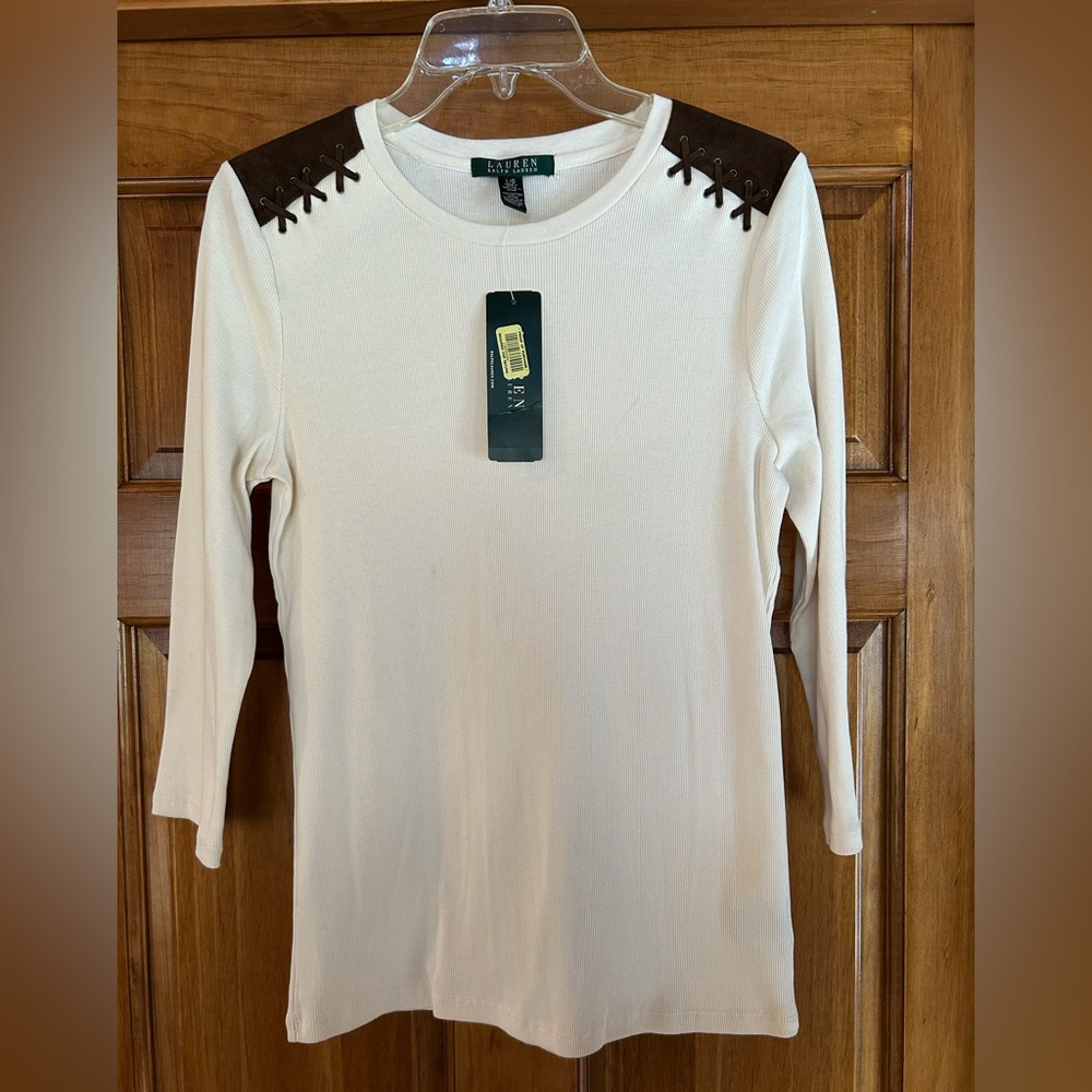 Lauren Ralph Lauren Cream Long Sleeve Top with Brown Accents